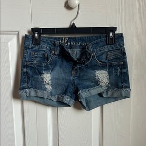 Wallflower Distressed Rolled Hem Denim Shorts in Blue